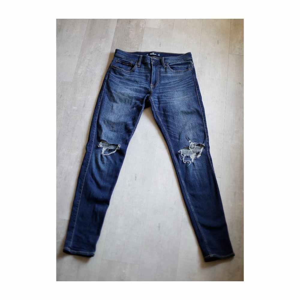 Hollister Super Skinny Distressed Knee Blowout Jeans Dark Wash Navy W31 L 32 - Picture 3 of 7